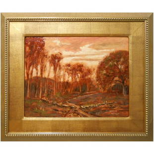 Contemporary Tonalist Oil Painting By Bruce Wood: Searching For Meaning is the title of this highly textured oil painting by Massachusetts artist Bruce Wood. The painting is inspired by an Autumn view of the woods near his Massachusetts home. Bruce