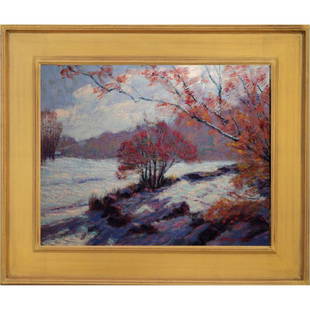 Contemporary Impressionist Snow Scene: EARLY WINTER is the title of this highly textured acrylic painting by Massachusetts artist Bruce Wood. Created in 2011, the image captures sunlight on bushes and snow, and is inspired by an early