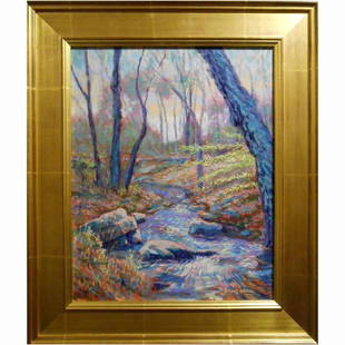 Contemporary Impressionist Oil Painting Of Old Lyme, CT: New Life is the title of this oil painting by Massachusetts artist Bruce Wood. It is a view of the stream running through the property of the Lyme Art Association in Old Lyme, Connecticut. Created in