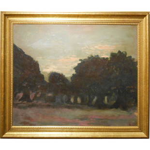 Antique Tonalist Oil Landscape Signed Henri: This moody and evocative oil painting is an fine example of early 20th Century Tonalism (c. 1910-1920). It is painted in broad strokes, and shows the influence of Impressionism in its soft edges and
