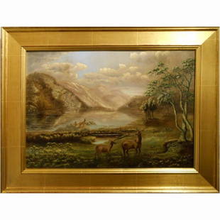 Dramatic New Hampshire Franconia Notch Landscape Oil: This antique American oil painting dates from around 1870. It shows the vast wilderness landscape of Echo lake at Franconia Notch, New Hampshire, and features two sets of deer under a dramatic