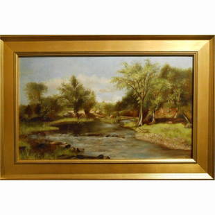 Antique Oil Landscape With Stream: This 1890's American oil on canvas landscape has subtle coloration and wonderful depth. Your eye can follow the gentle stream back into the landscape. The style is reminiscent of the Hudson River