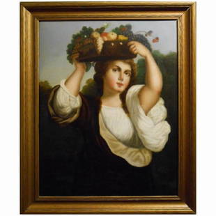 Antique c.1800 Italian Oil Painting Of Woman: This lovely oil on canvas painting of a young woman with a basket of fruit is signed Frago and dates from the early 1800's. The painting is a genre piece, (not a portrait of a specific person), and