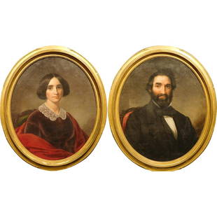 Pair of Antique Oval 19th Century American Portraits: Fabulous pair of antique oval 19th Century American Portraits, c.1860. Oil on canvas, installed in the original gilt frames. The pair are identified as Caroline Lydia Main Dorman and John Dorman.