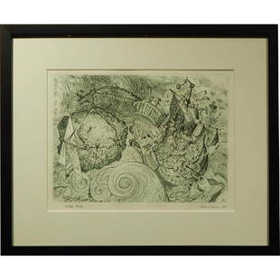 Robert S. Neuman Etching Ship To Paradise: Robert Sterling Neuman (1926-2015) created the plate for this etching titled Ship To Paradise in 1979, and pulled this artist's proof in 1986. The print is titled , signed and dated in the plate, and