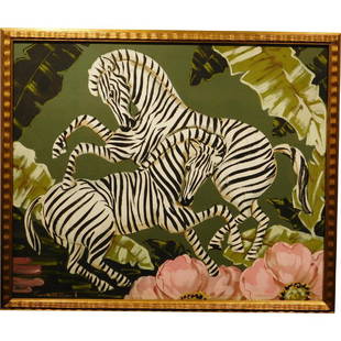 Art Deco Painting of Zebras: Art Deco Painting of Zebras, signed Zara Ellwood. Gouache on illustration board, presented glazed in a new frame 27.5 x 33 inch frame. Item ID:6156