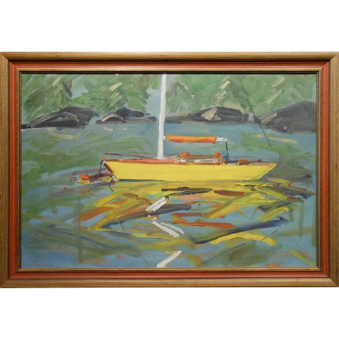 Yellow Sailboat 1978 Signed Oil Painting: This is an early oil painting by Massachusetts painter Bruce Wood. It is signed and dated on the front and titled Yellow Boat on the back. This painting is on prepared hardboard panel measuring 16"x24
