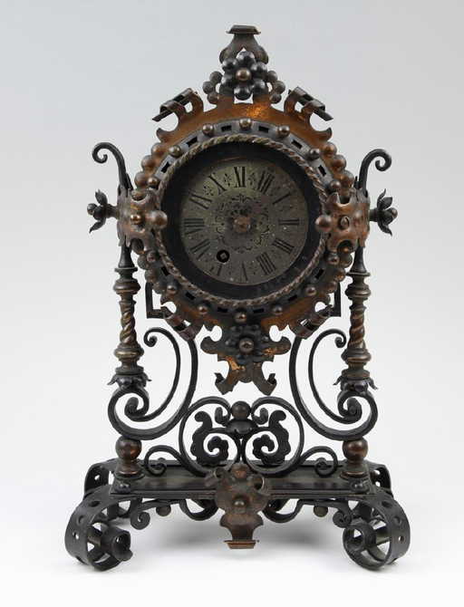 Wrought Iron And Copper Ornate Mantel Clock