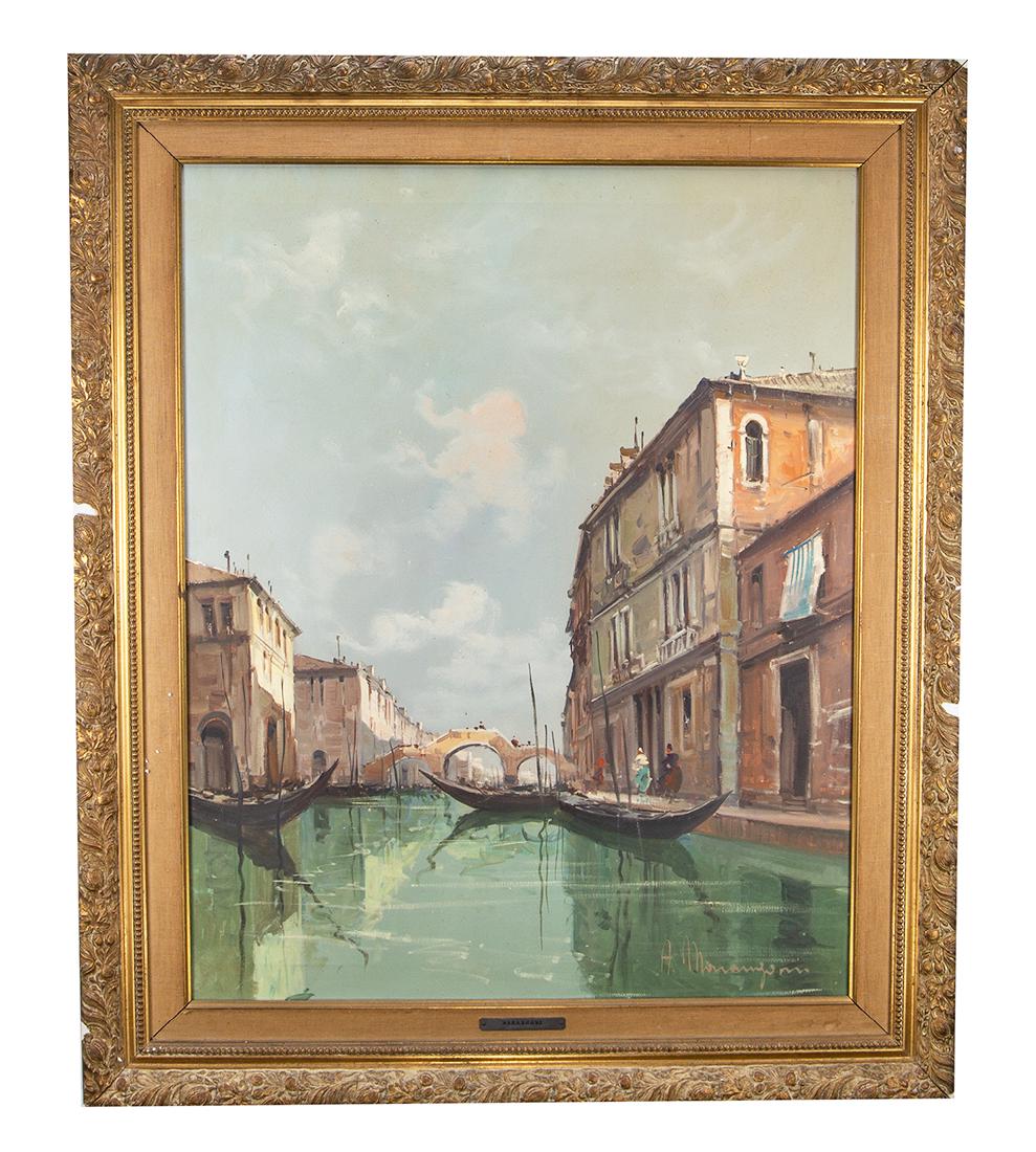 Aldo Marangoni Oil on Canvas (Signed): Aldo Marangoni Oil on Canvas. Italian Water Scene with Gondolas, Oil on Canvas, signed lower right, 37" X 31" FRAMED.