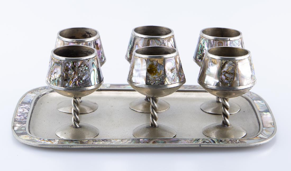 Alpaca Abalone Roped Stemmed Cognac Set: Alpaca Abalone Roped Stemmed Cognac Set with six sippers and one tray. Glasses 2" 1/2 x 1" 1/4, Tray 8" x 5" 1/2