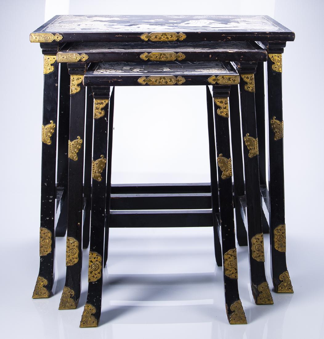 Japanese Carved Abalone and Brass Nesting Tables: Japanese Carved Abalone and Brass Nesting Table. In fair condition, needs work on wooded areas. 1) 20" W x 13"D x 21 1/2" T, 2) 15 1/2"W X 12"D X 20" T, 3) 11" W X 11" D X 19" T.