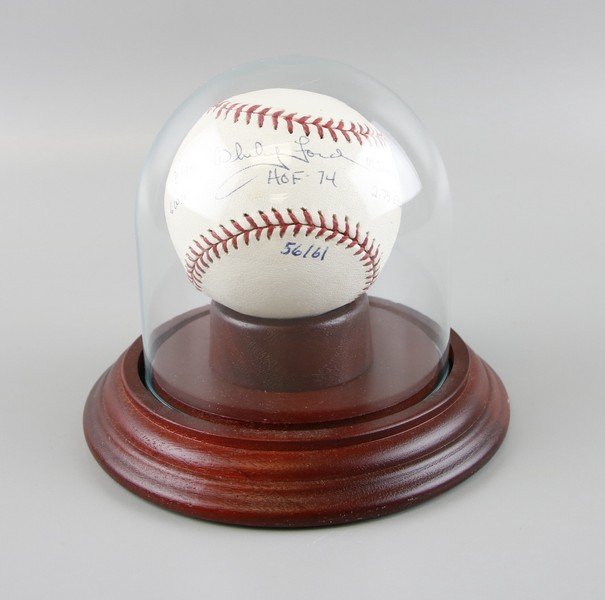 Signed Whitey Ford Baseball: Signed Whitey Ford autographed stat Baseball with COA in case. WEIGHT: 1 POUND.