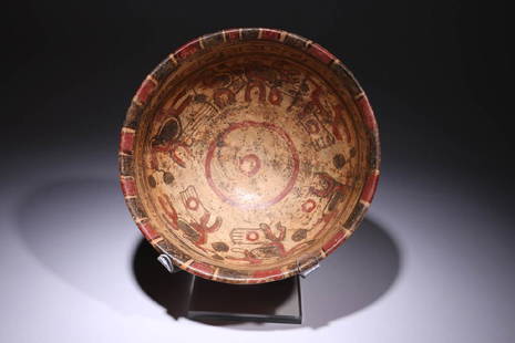 Pre-columbian Mayan Copador Bowl: Large polychrome decorated bowl, ca. 600 - 800 A.D., having a wide exterior band with four seated chiefs and four large offering boxes. Interior decorated with six large stylized bird and various geom