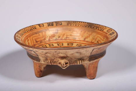 Pre-Columbian Mayan Bowl: Pre-Columbian Mayan Tetrapod bowl circa: 600 - 800 A.D. Polychrome pottery bowl standing on four tapered legs. Interior of plate has two deities pointing fingers. One deity has talking scroll. 