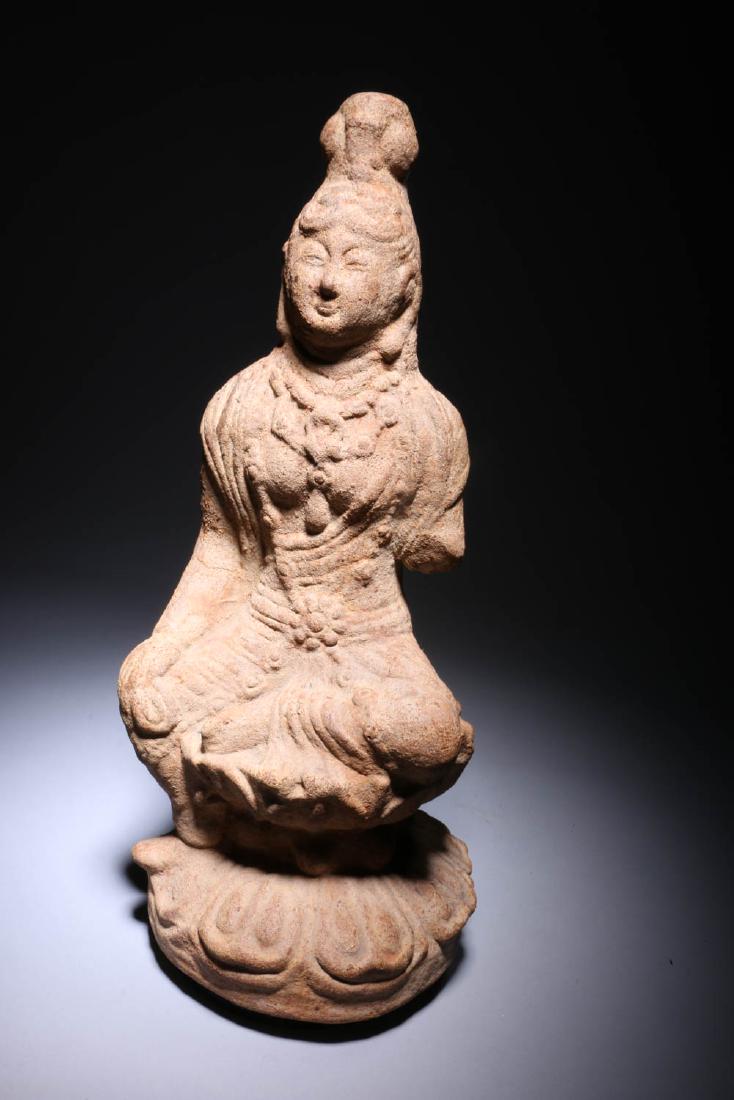 Southeast Asia Stone Carving: Stone carving of a crowned women seating petaled setting, leg folded, bejeweled, hand on knee. Dimensions: 17" H x 7" W; Weight: 16 lbs.. Provenance: Ex private collection, Yonkers, NYThis lot has a r