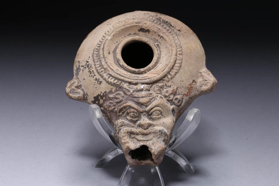 Ancient Oil Lamp, terracotta, with face on spout (1 of 4)