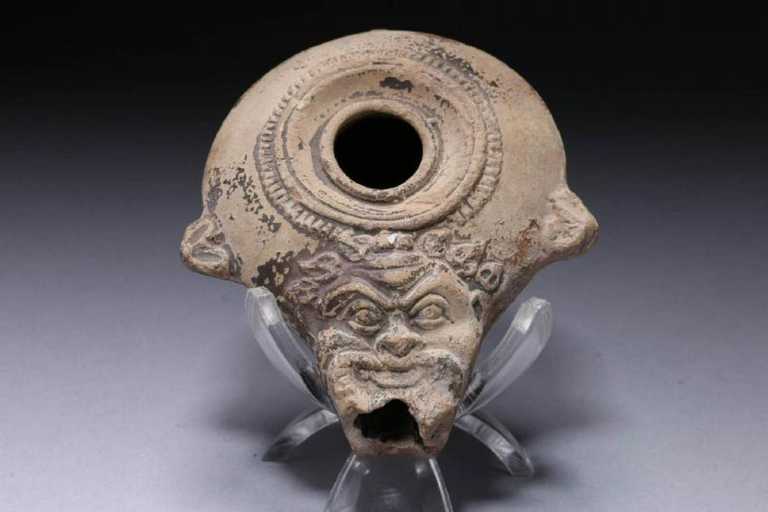 Ancient Oil Lamp, terracotta, with face on spout (1 of 4)