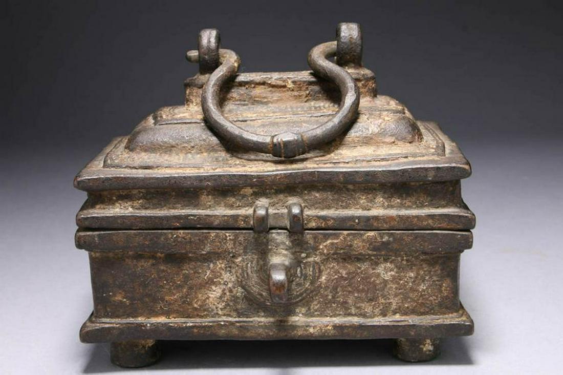 Old Bronze Box: A heavy bonze box, with handle at lid, latch not attached. 6" x 4-1/2"; 4 lbs. 7 oz.