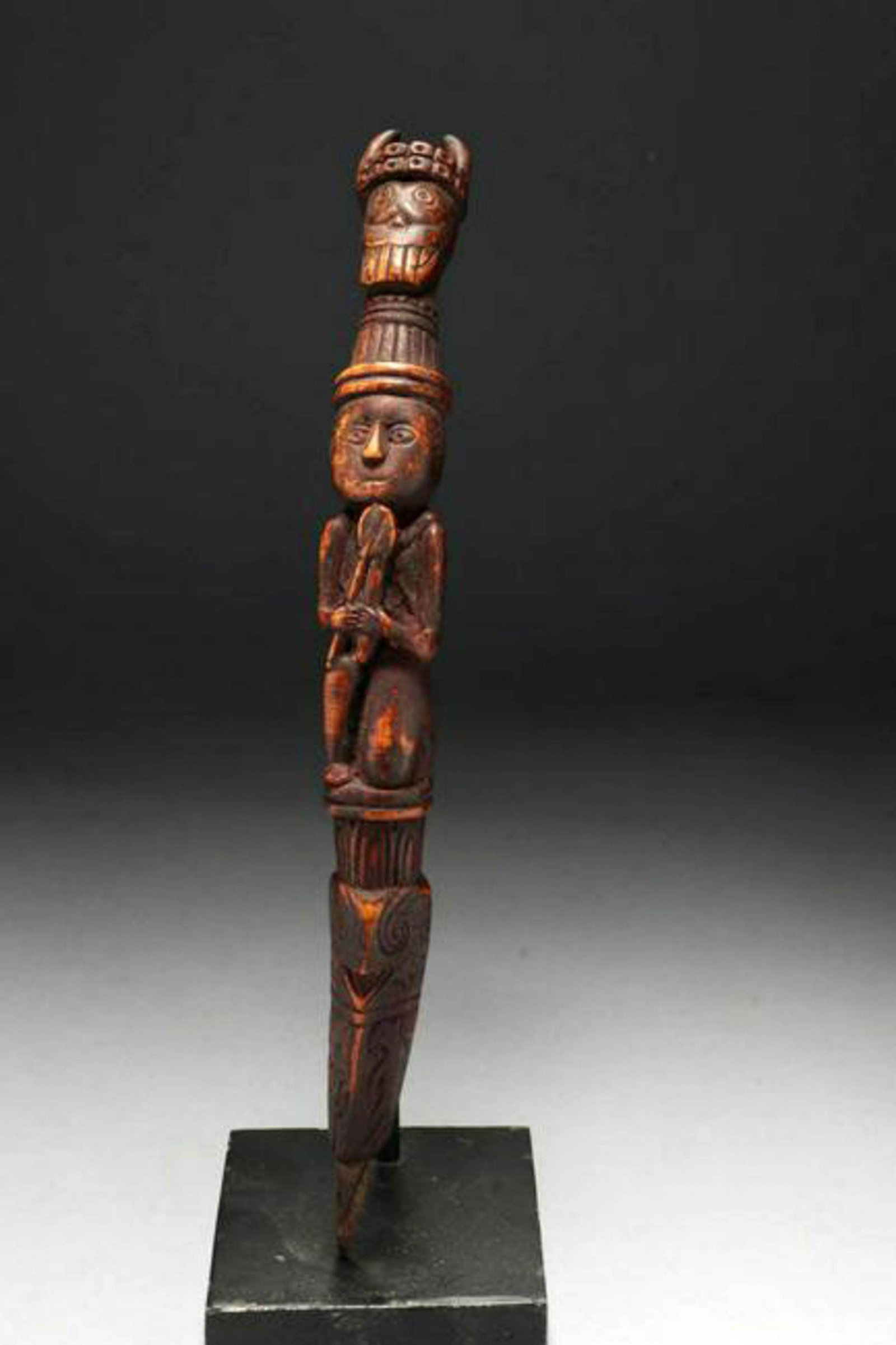 Nepal Shaman Phurpa: A Shaman Healing Stick, deer horn, with carved images 10-1/4" L ; 4 oz.