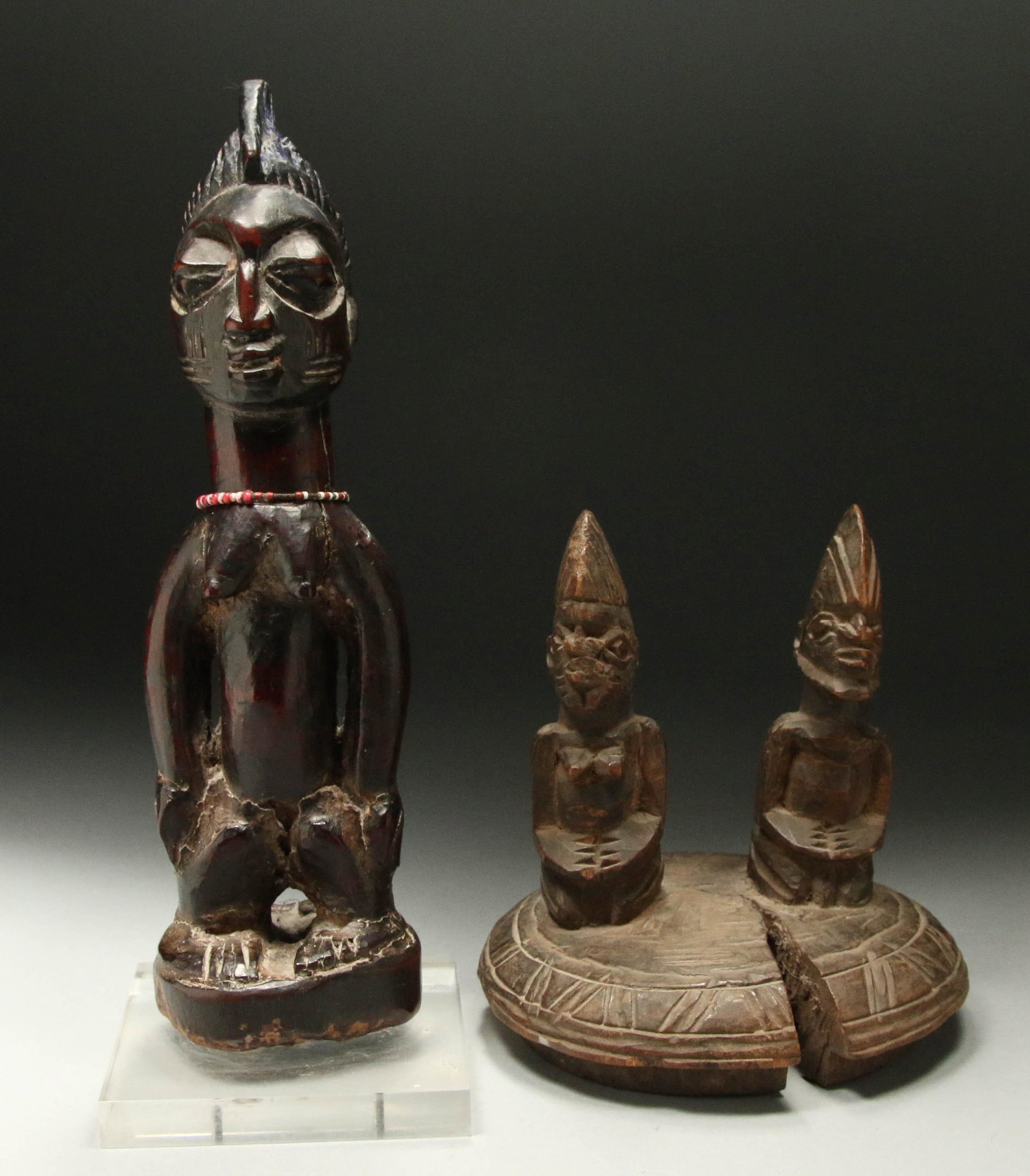 African Art Yoruba Twin and Lid: A wood Ibeji Twin figure (single) and a Yoruba wood lid with two figures on top.