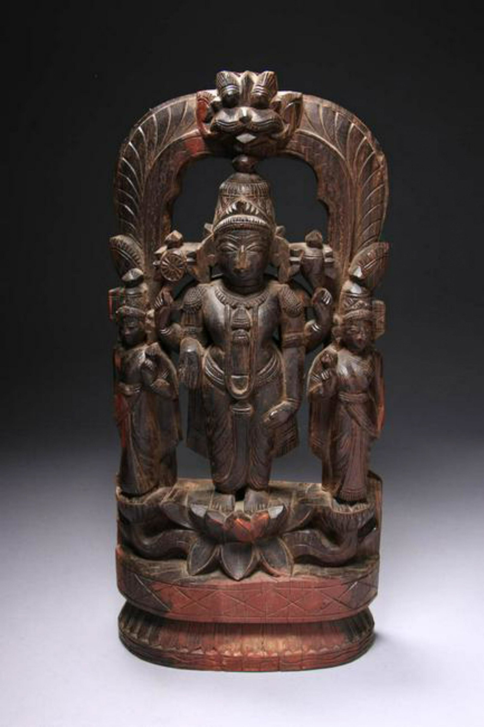 Southeast Asia Wood Carving: Hardwood carving of Buddha flanked by two disciples. 14" h x 7" W