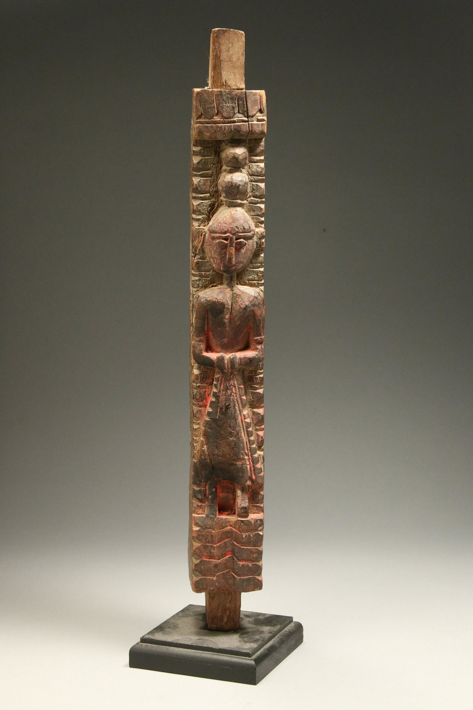 Indian Sub-Continent Statue: A wood statue of a female. Architectural element with tangs top and bottom. 17" H````
