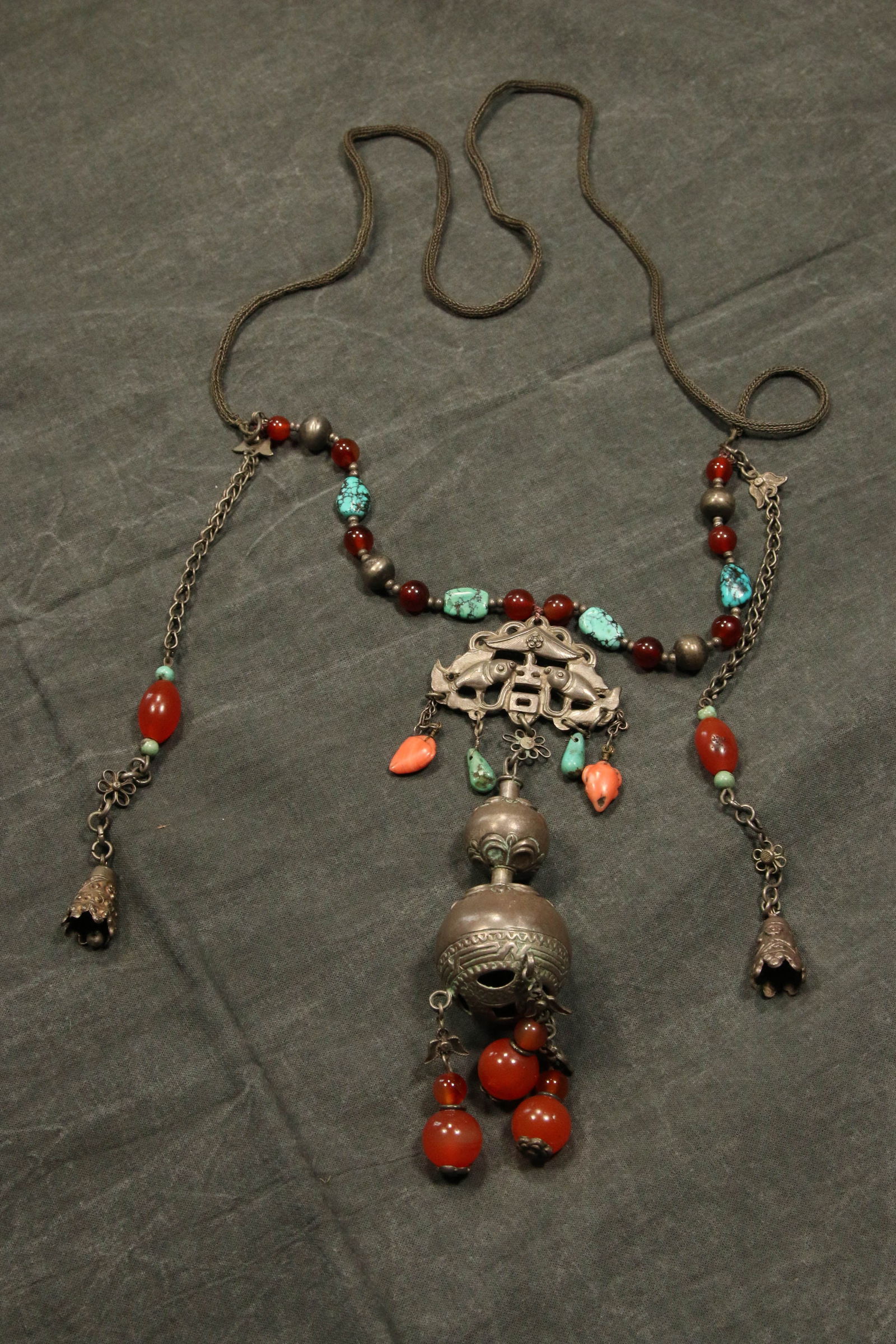 Antique Chinese Longevity Lock Turquoise & Carnelian Necklace (1 of 7)