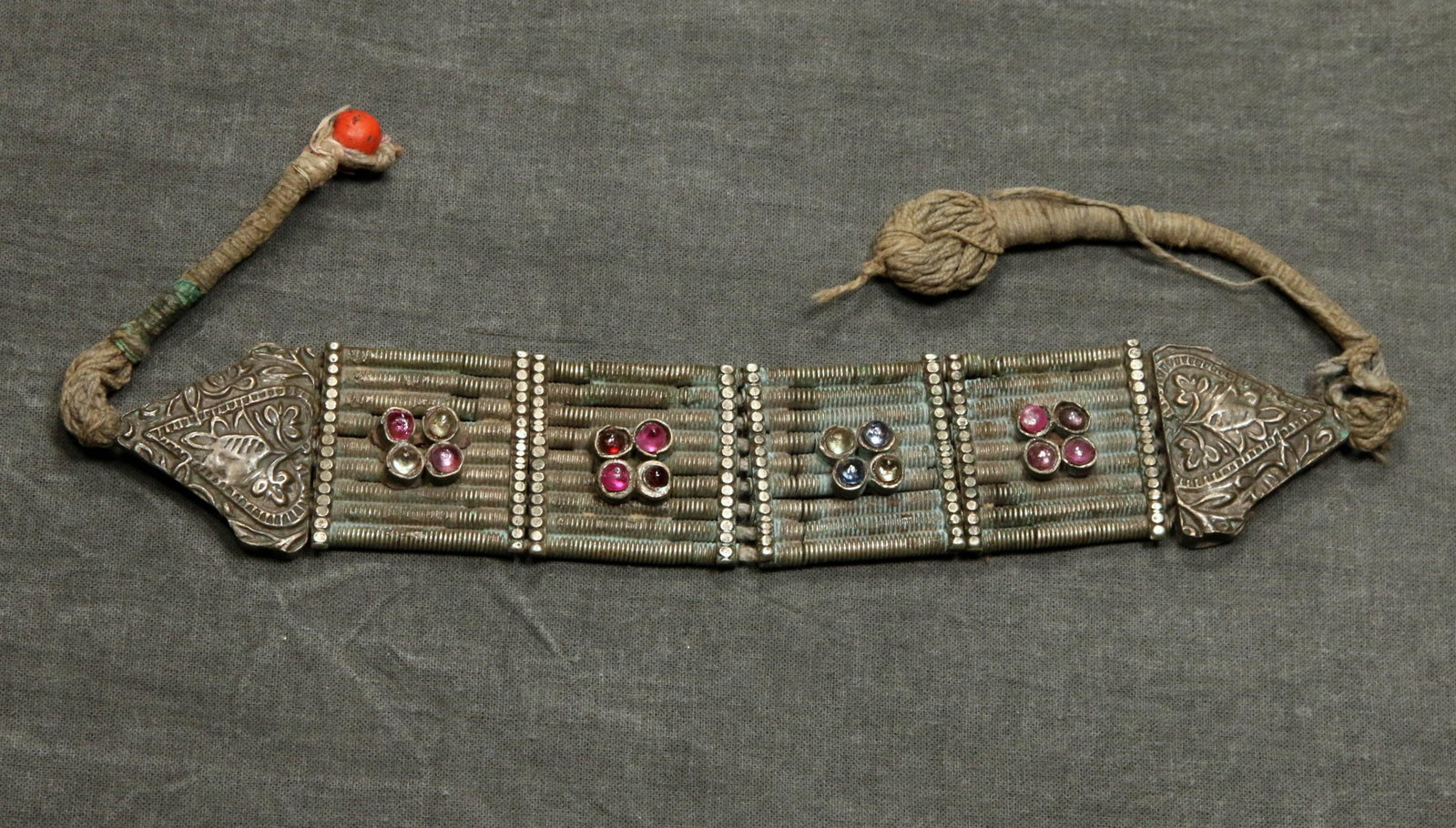 Antique Tribal Silver Choker w/Colorful Stones & Glass: A fantastic old multi-strand silver choker with metal, glass and stone accents in blue, yellow and pink. Measures 16" Long, weighs 87.7 grams.