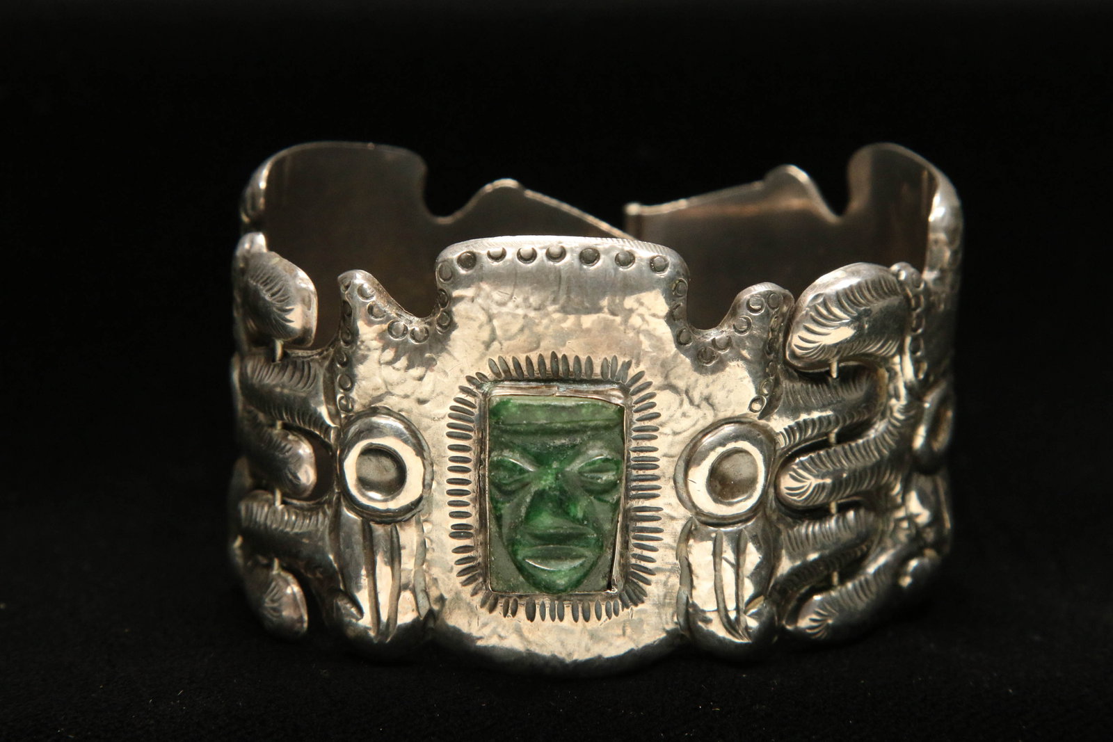 Early Mexican Silver Cuff Bracelet with Carved Jade (1 of 6)