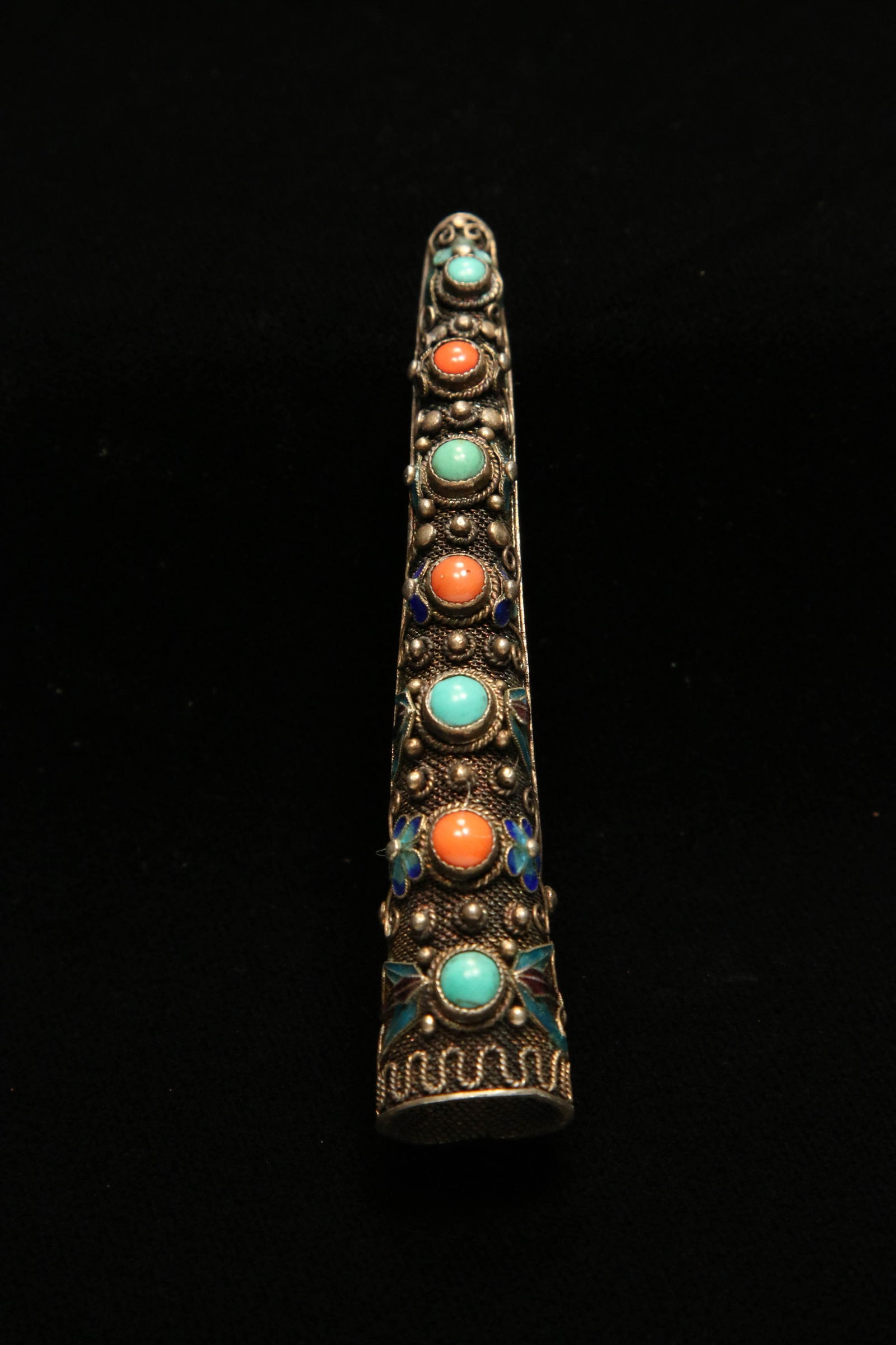 Antique Chinese Enamel, Turquoise & Coral Finger Nail Brooch (1 of 4)