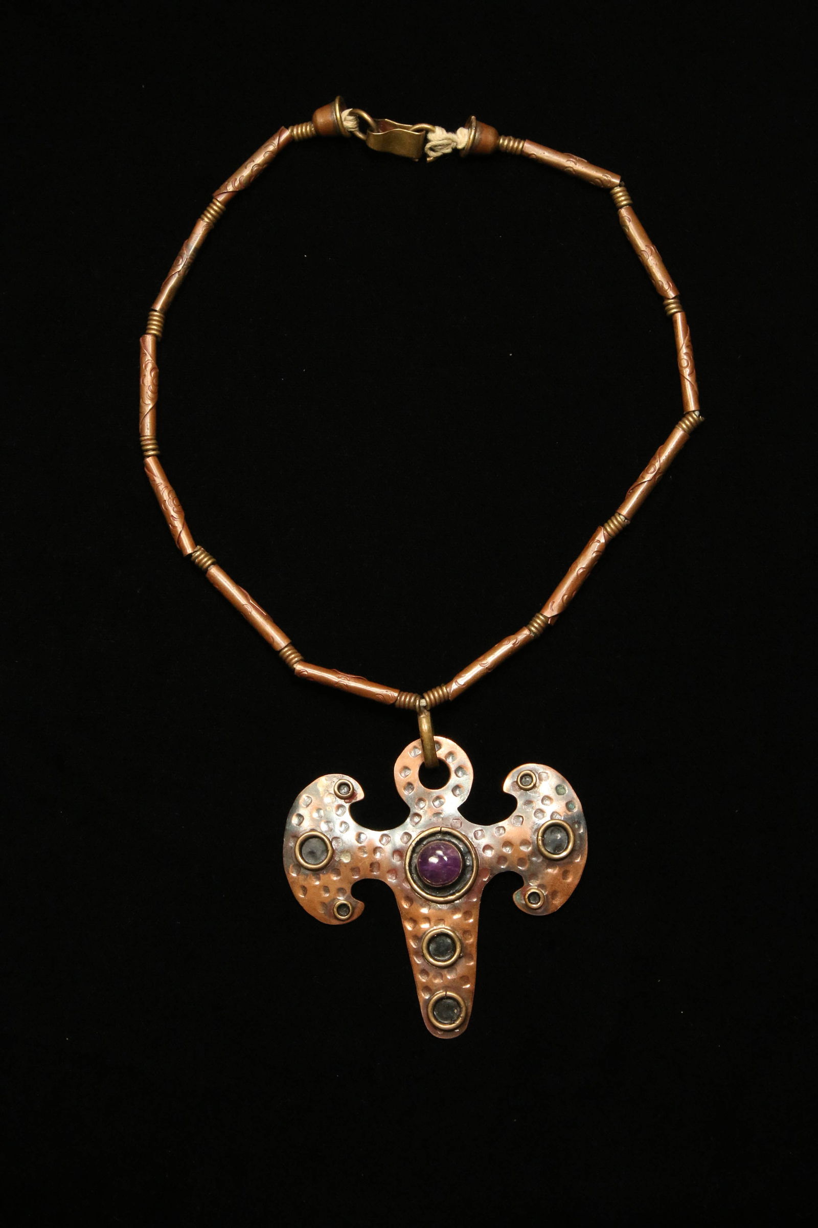 Vintage Copper Pendant Necklace with Amethyst Inset - Mexico (1 of 4)