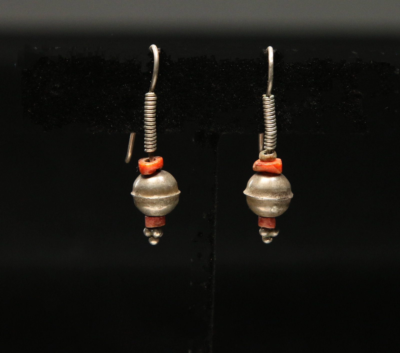 Antique Coral Bead & Silver Ethiopian Earrings (1 of 1)