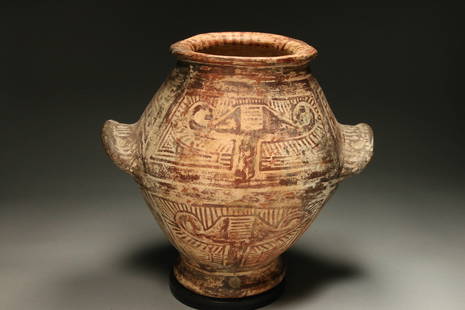 Ancient Ceramic Vase: An ancient pottery vase with two handles, cream ground with red-brown abstract designs. 11-1/2" H x 12" W; 6 lbs. 14 oz. Provenance: Ex. New England collection.