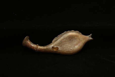 Ancient Roman Fish Flask: A brown glass fish bottle with flared rim spout as tail. 5-1/2" L