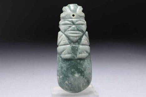 Pre-Columbian Jade Axe God: A stunning jade axe god, with squatting figure at handle. Suspension hole at forehead. Dimensions: 4-1/4" H; Weight: 4 oz. Provenance: Ex. Dr's collection, New York, acquired 1960's