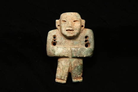 Pre-Columbian Teotihuacan Stone Figure: An ancient carved stone figure with arms folded at stomach, hand drilled holes. 3" H x 2"W