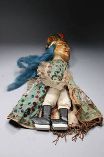 A S/E Asian Puppet Doll: A puppet doll of a crowned with blue hair, beaded dress. 20" H