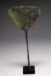 Pre-Columbian Copper Tumi: A copper Tumi with fanned finial with nine holes. Alternative theory is that this was used as a surveyors tool. 8-1/4" H