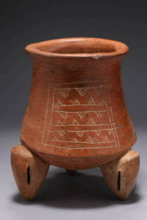 Pre-Columbian Mayan Vessel: A Mayan tripod vessel with etched registers. Rattle feet. 6-1/2" H Provenance: Ex private collection, NYC