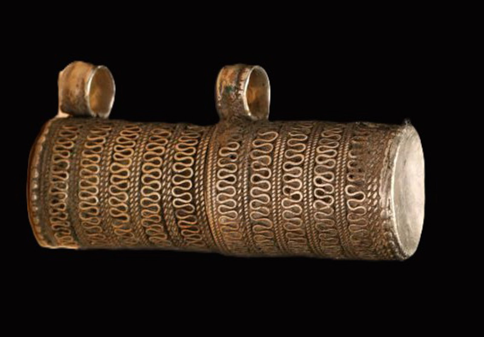 Silver Scroll Container: A silver scroll container with two suspension loops, scroll inside. 2-1/4 H "