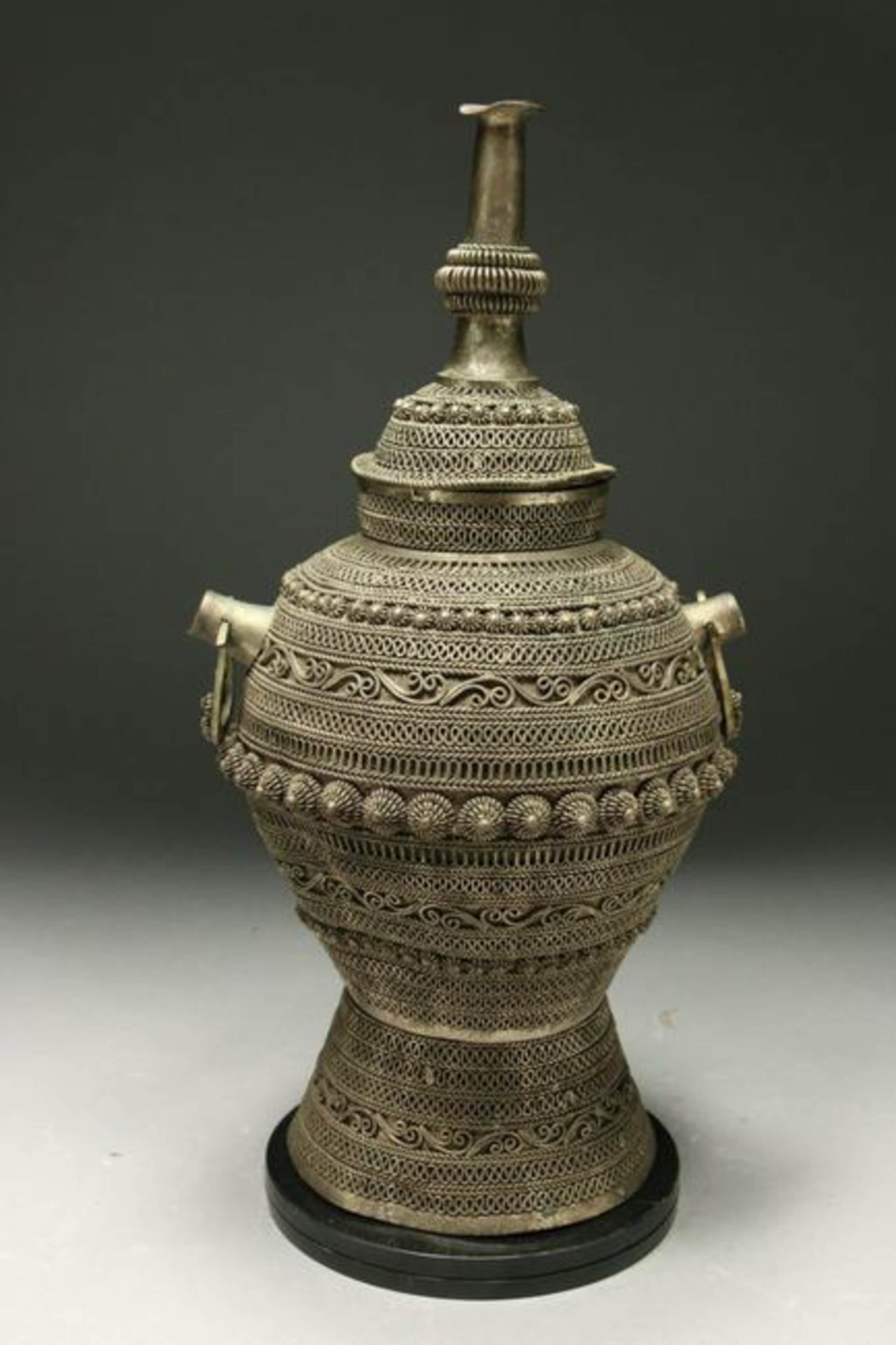 Maranao Kabul Jar - Philippines: A traditional Maranao Kabul Jar from the Maranao people, Mindanao, Philippines. Silvered brass or copper alloy covered in filigree work. Traditionally a bridal gift given at the wedding ceremony. 13-1