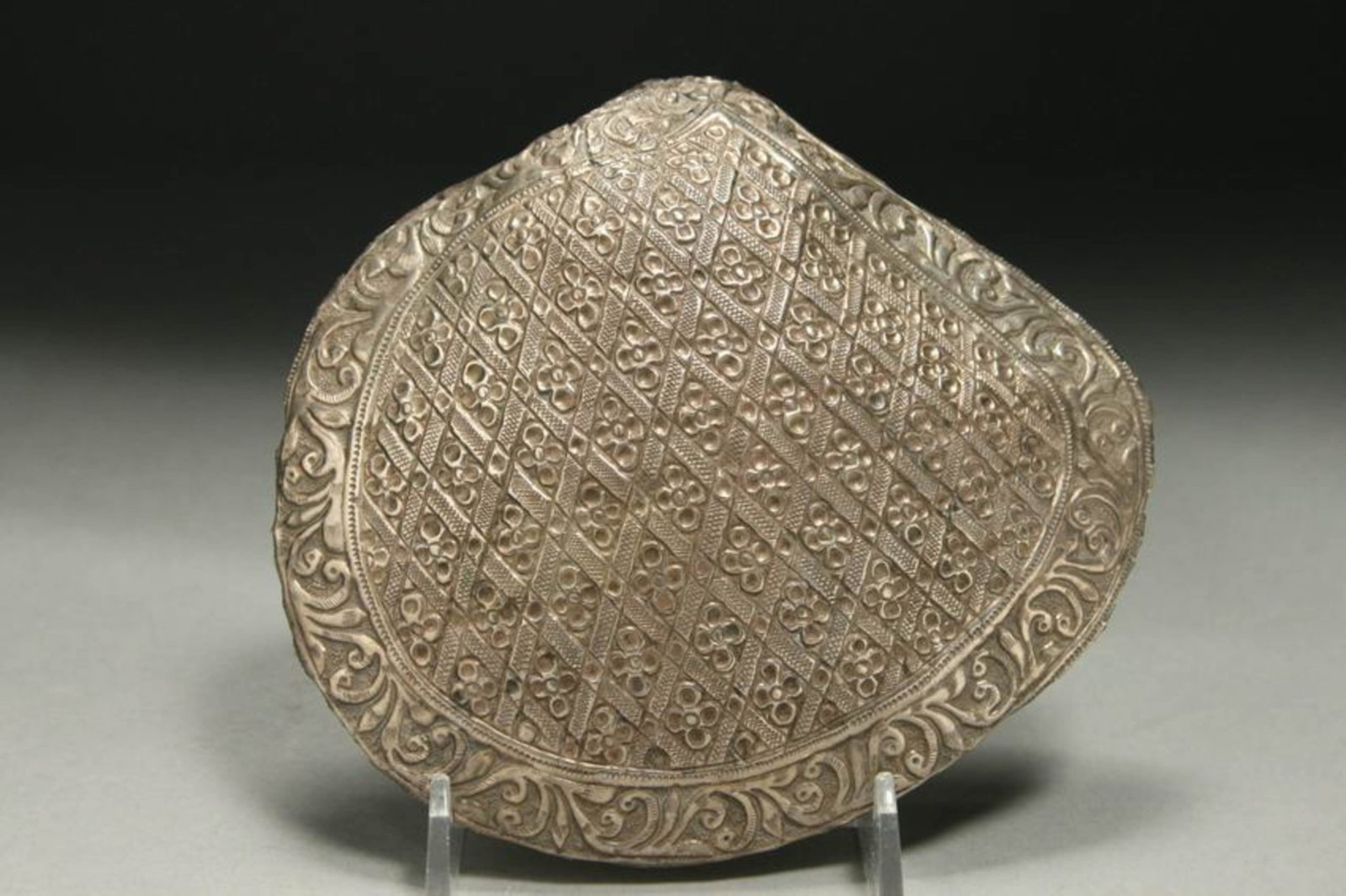 Silvered Shell - South Pacific Islands: A South Pacific shell with worked silver cover, most likely Fiji Islands. 5-1/4 x 4-3/4"