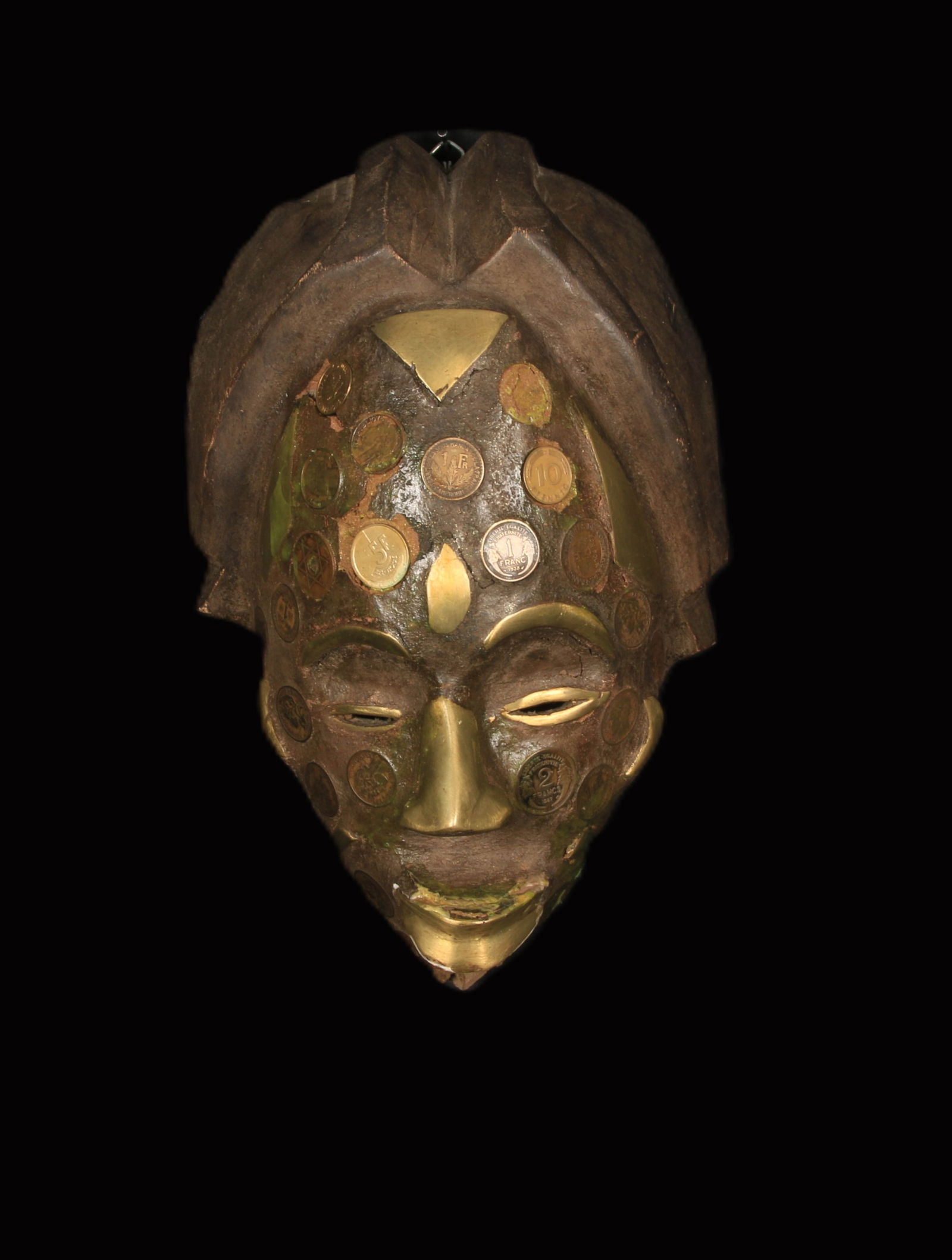 African Art - Cameroon Coin Mask: A wood mask with antique coins and bronze inlay. 12" H.