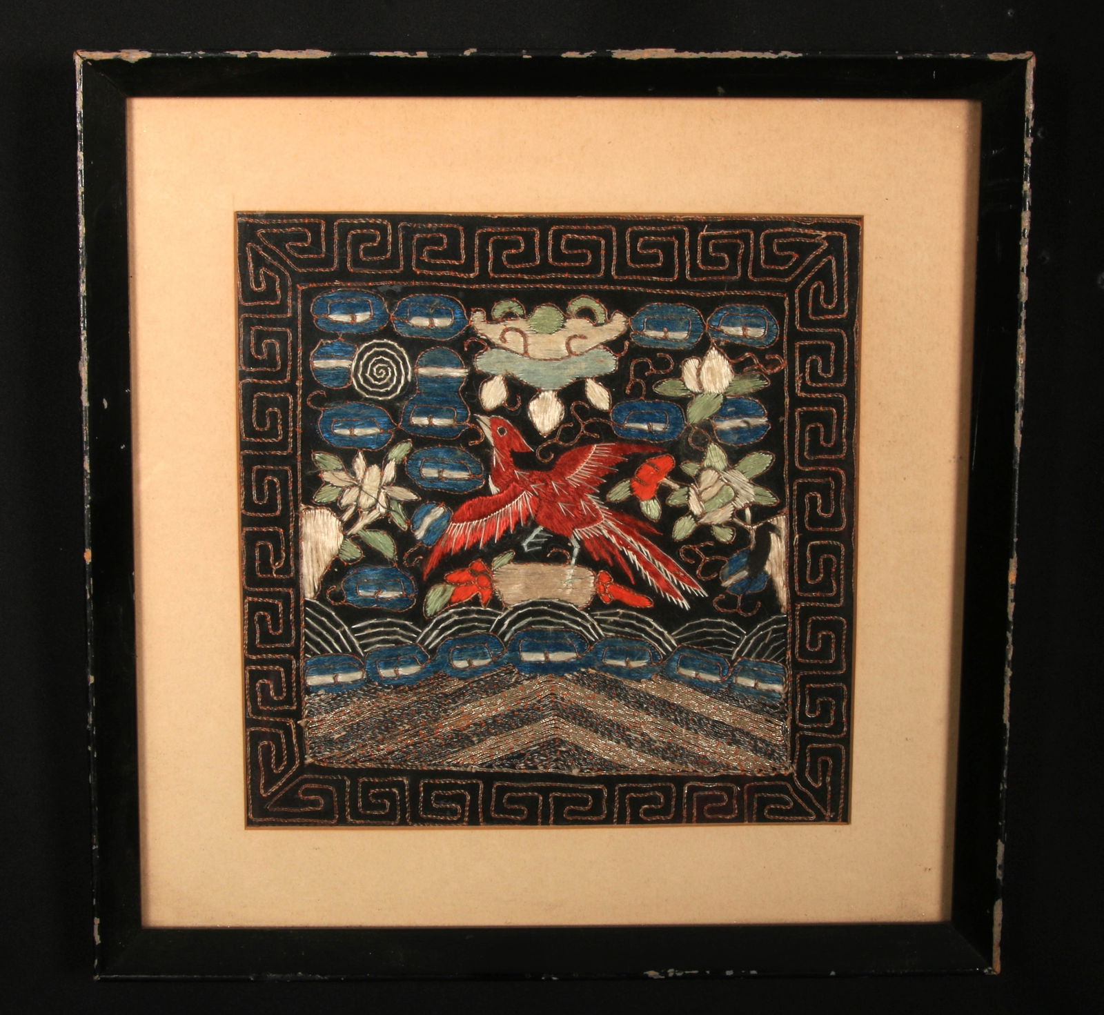 ANTIQUE CHINESE SILK RANK BADGE QING DYNASTY: Chinese civil official's rank badge, also known as a Mandarin square or buzi, dating to the Qing Dynasty (1644–1912). These embroidered squares were worn on the chest and back of an official's surco