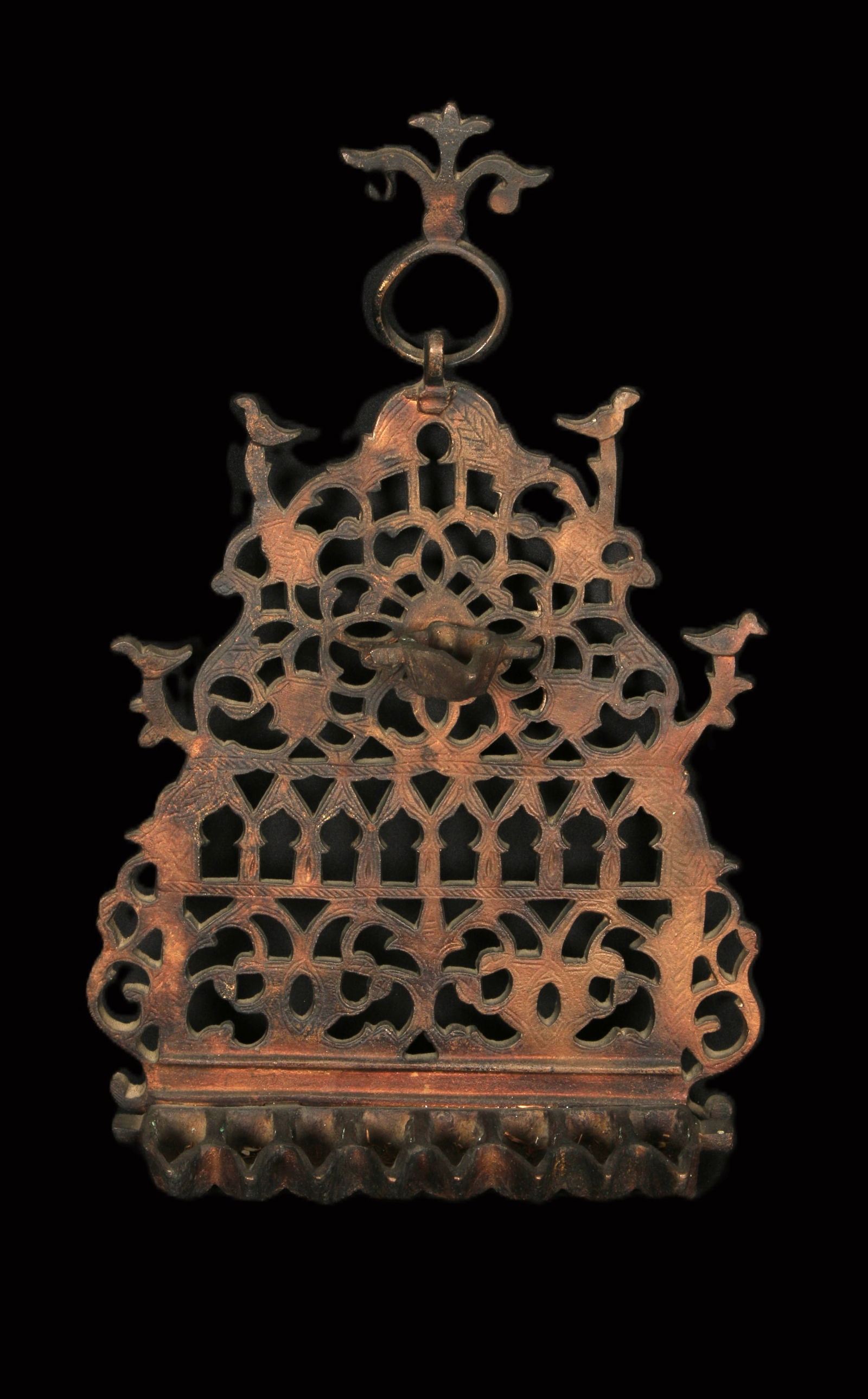 Judaica - Antique North African Hanukkah Lamp: A 19th century bronze, mixed metal Hanukkah lamp with open metal work with eight small oil pans and ninth holder at center(shamash). 14" H.