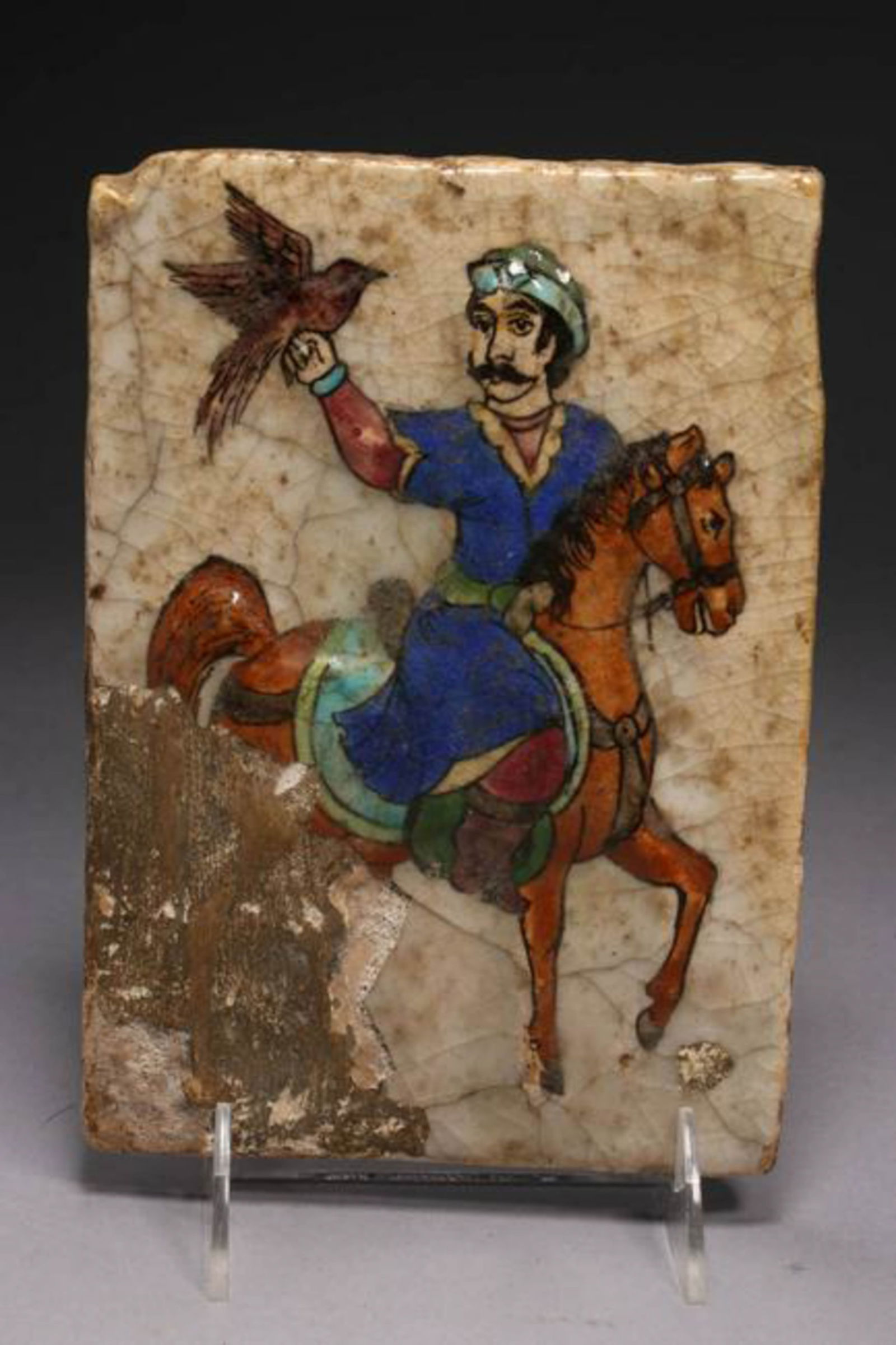 Persian Tile: An Persian tile with Horse and rider holding a falcon. , 8 x 5-1/2 "