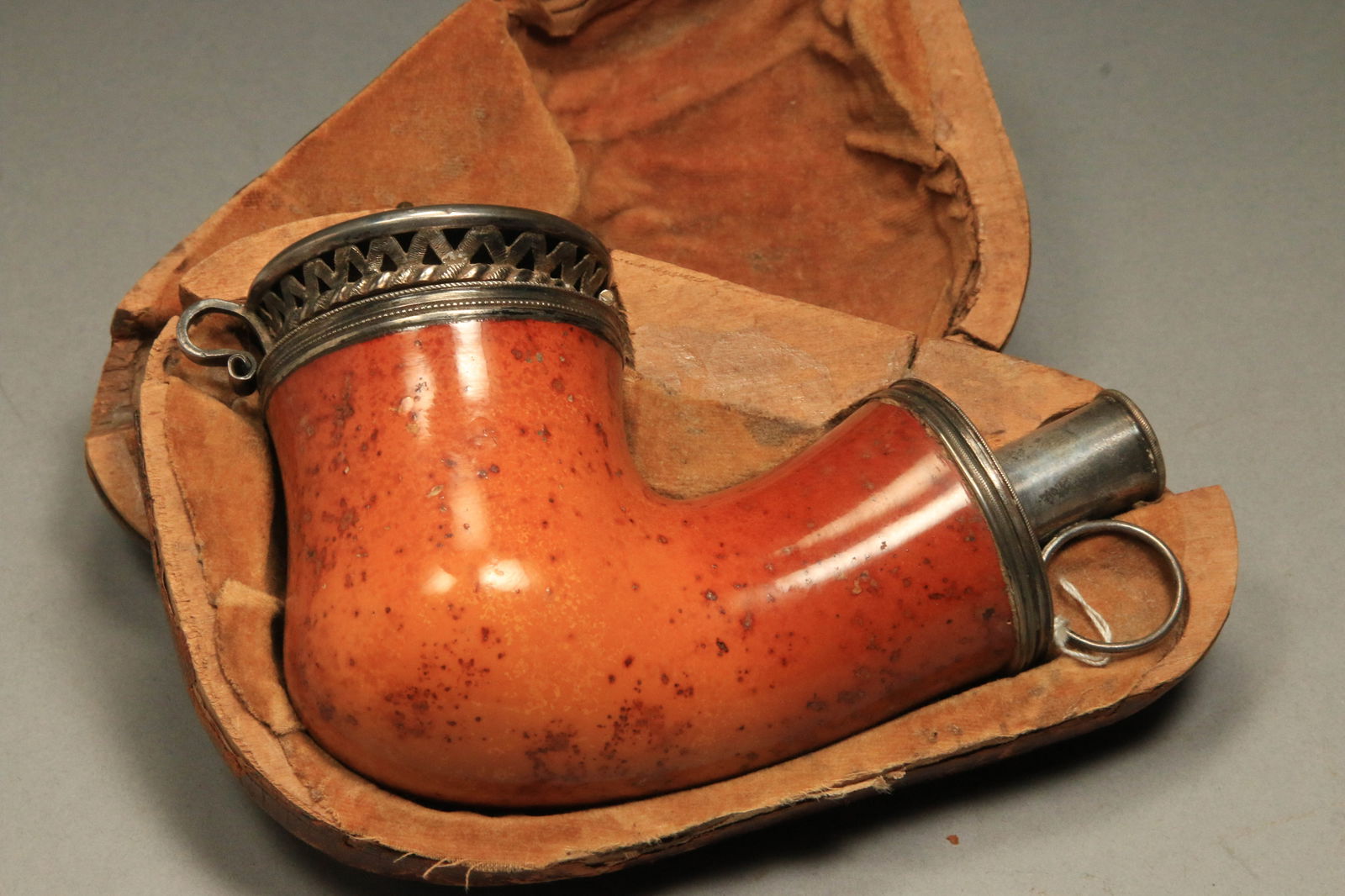 Meerschaum Pipe Bowl 19th Century: A Meerschaum pipe bowl with silver mounts. Engraved on top of silver lid. Caring case is included. 5-1/4" L.