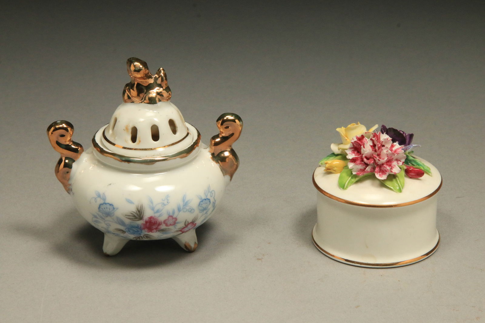 Crown Staffordshire Porcelain Sachet Pot and Trinket Box.: Vintage porcelain incense burner or potpourri pot with Foo Dog features and a small round trinket box with a hand-modelled floral lid, both from Crown Staffordshire.