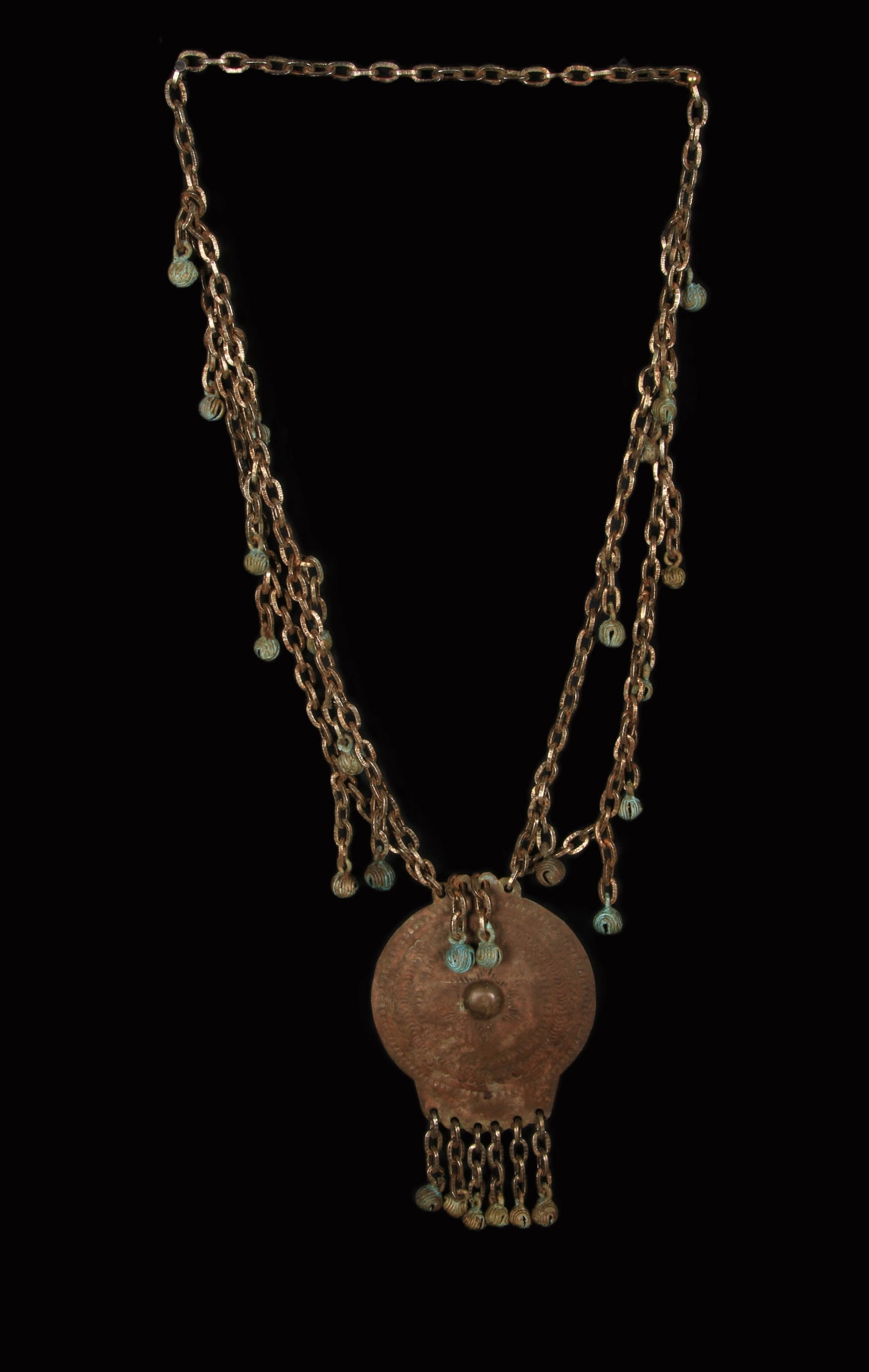 Philippines Maranao Warrior Necklace: A Maranao warrior necklace, mix metal with bronze bells, large circular pendant. 17" L