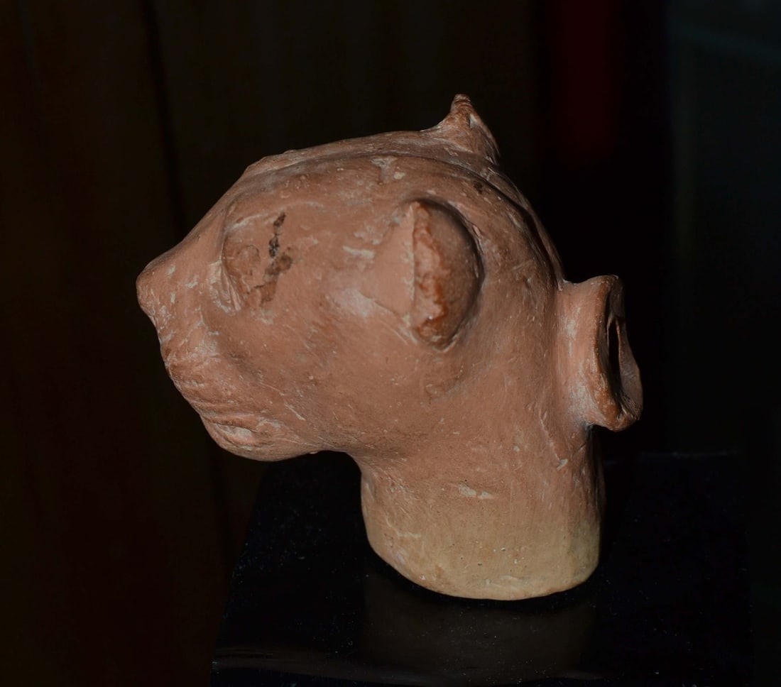 An ancient Greek terracotta aryballos: An ancient Greek terracotta aryballos in the shape of a feline. With defined whiskers and alert facial expression. Spout on its back. 2 5/8 inches high. Circa 6th Century BC. Small chip on spout and o